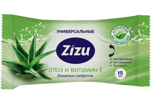 Zizu салфетки влажные универсальные, алоэ и витамин Е, 15 шт.